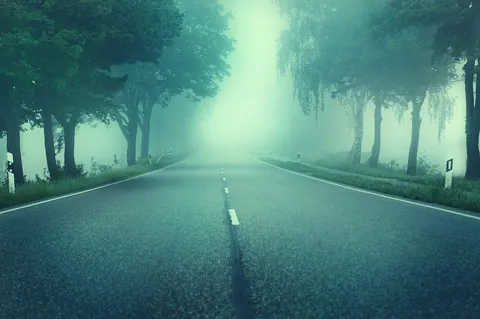 Leere Landstraße im Morgennebel